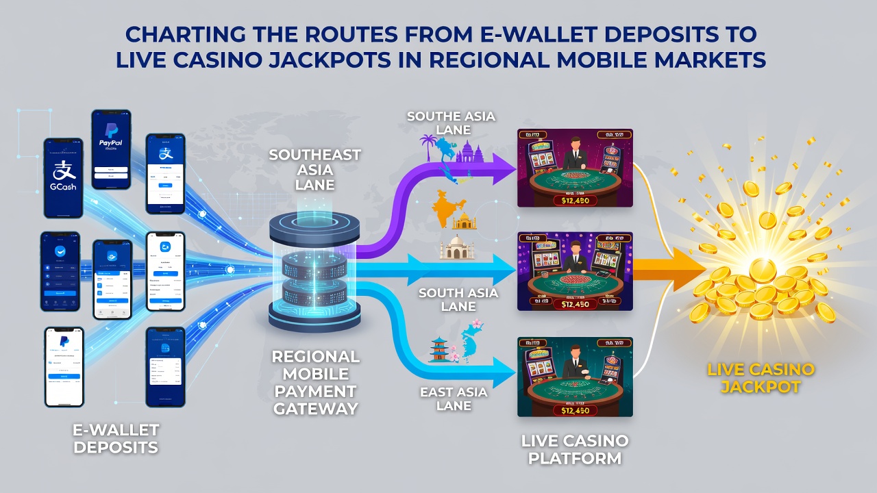 Diagram showing secure transaction routes from regional e-wallets to live casino jackpot outcomes on mobile devices