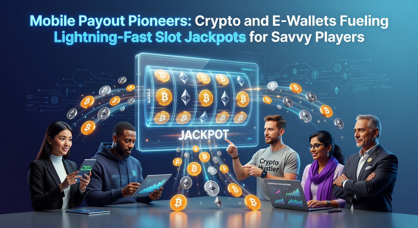 Smartphone displaying a mobile slot game with crypto wallet icons and instant payout notifications, highlighting fast jackpot wins