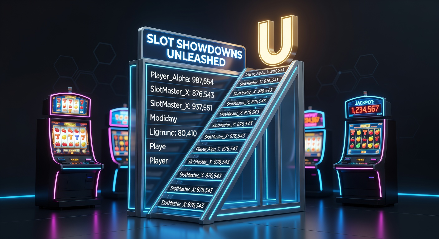 Vibrant slot machine screens displaying leaderboard rankings with climbing player avatars and jackpot counters ticking upward during a high-stakes showdown tournament