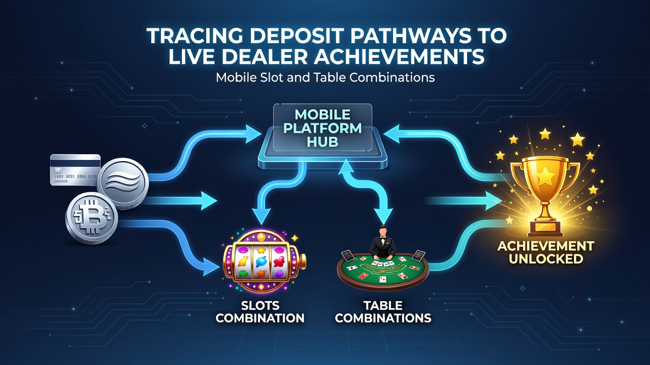 Network diagram illustrating deposit flows from mobile wallets to live dealer servers and slot engines